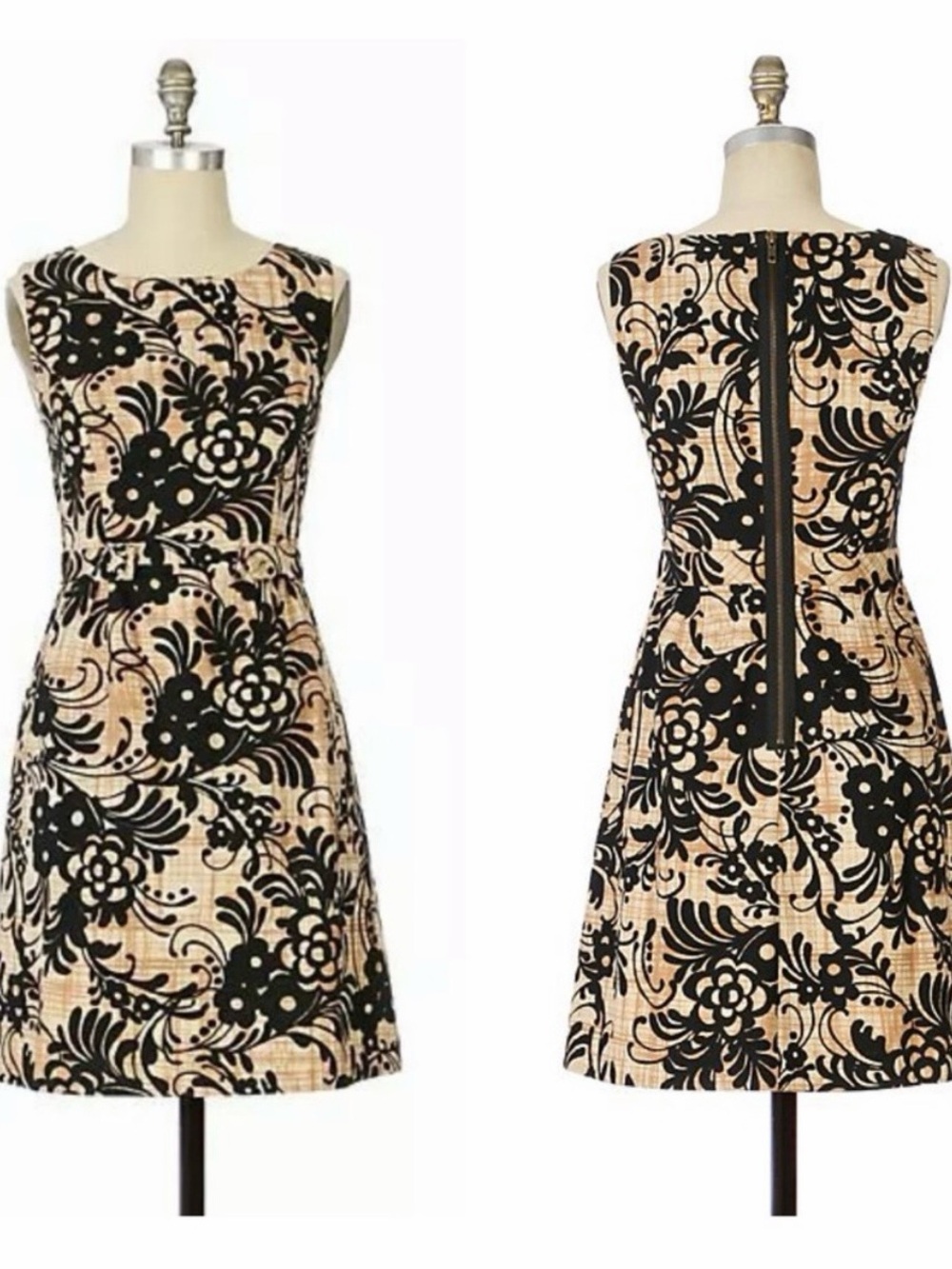 Tabitha Sleeveless Black Floral A-Line Dress in Beige - Classic Elegance